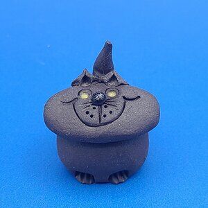 Artisan Signed LM Hand Crafted Miniature Clay Black Cat 1.25"